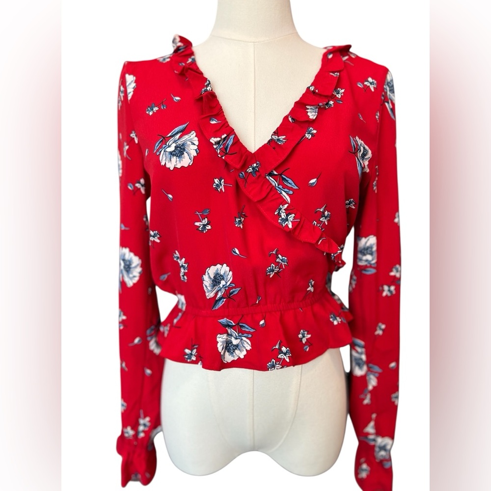 🌹 EUC H&M DIVIDED Red Floral Ruffle Long Sleeve Blouse | Women’s Size 2